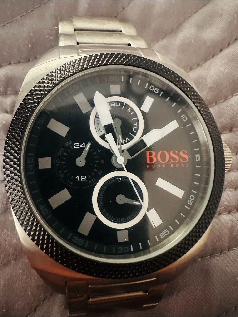 Boss Men's Stainless Steel Watch with Black Dial and Orange Logo